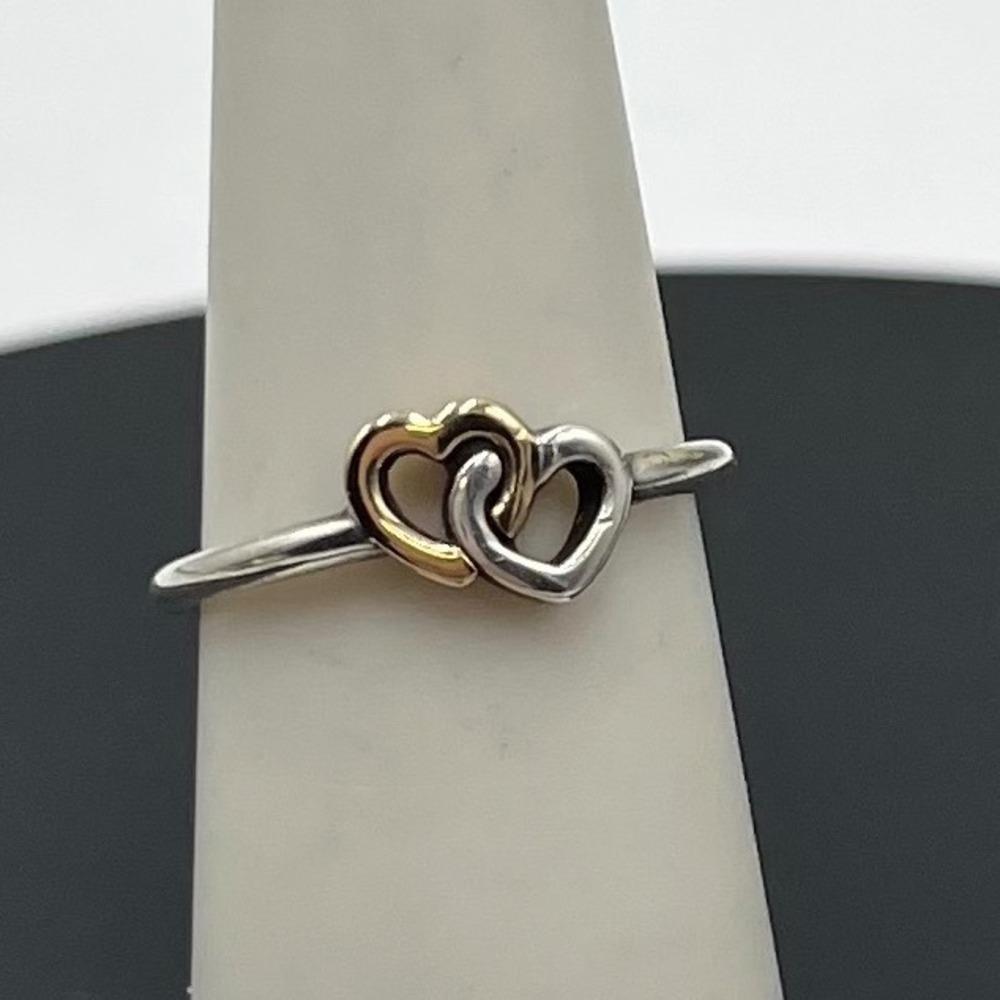 Pandora Sterling Silver Two Tone 14k Open Heart to Heart intertwined Ring Sz 6.5